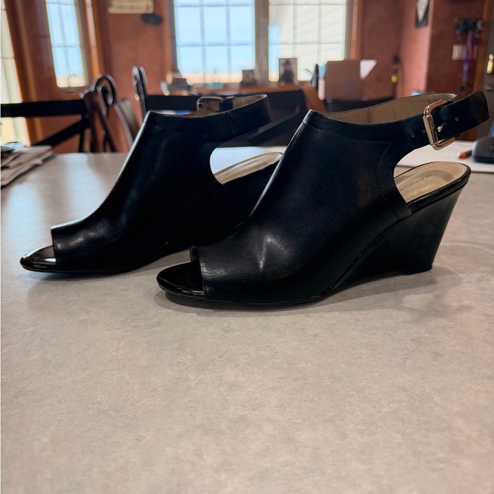 Bandolino Black Peep-Toe Slingback Wedge Mules - Picture 2 of 5